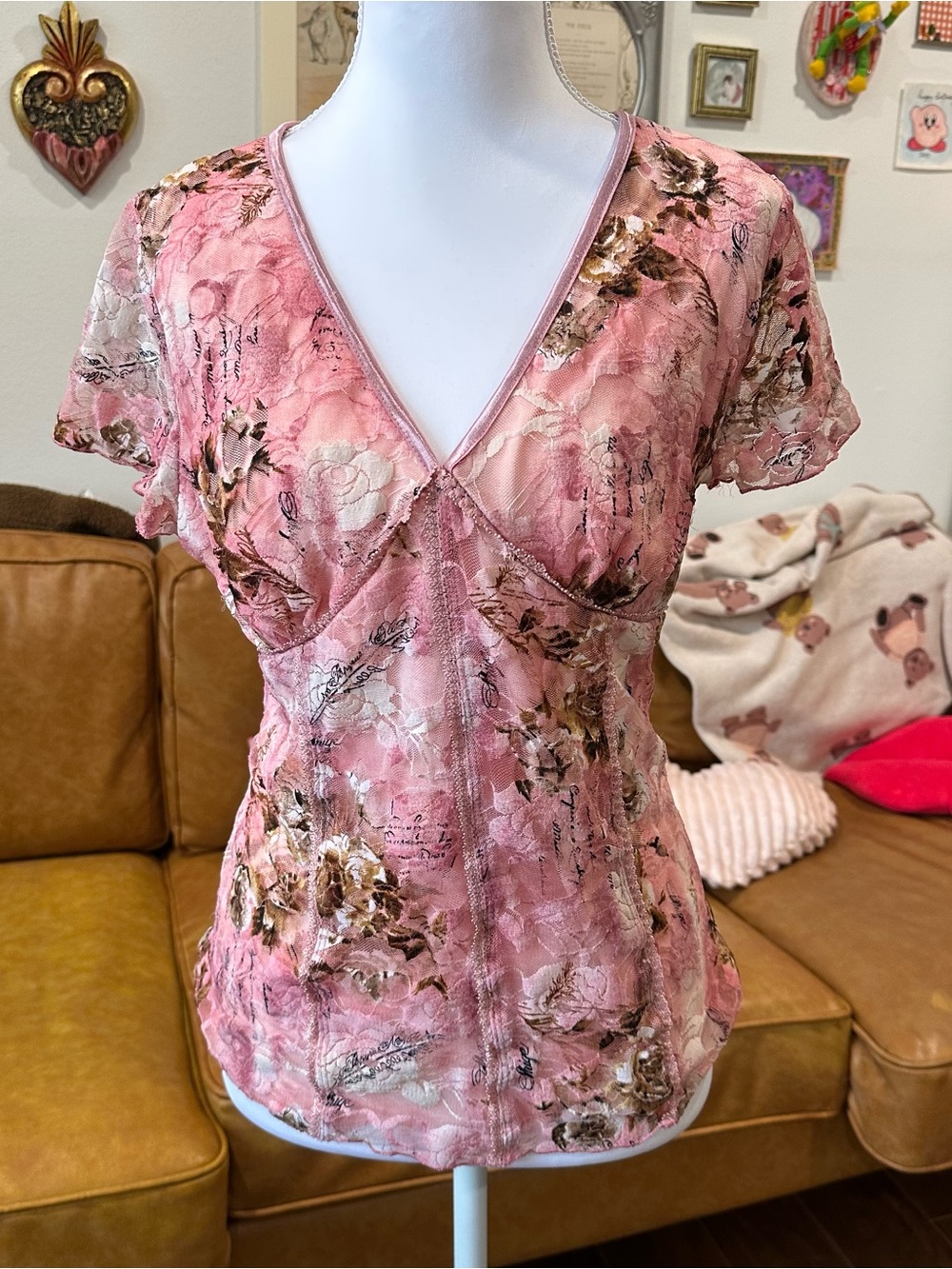 Pink Floral Lace V-Neck Blouse